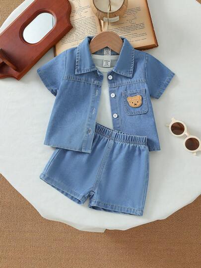 SHEIN Playful Pals Babyboy 夏季蓝色牛仔套装，时尚翻领短袖开衫搭配短裤，休闲风格，宽松版型，适合外出、居家休闲、日常运动、派对活动