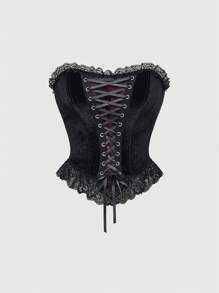 ROMWE Gothic Lace & Velvet Patchwork Strapless Bandeau Top, Halloween - Black - View 1