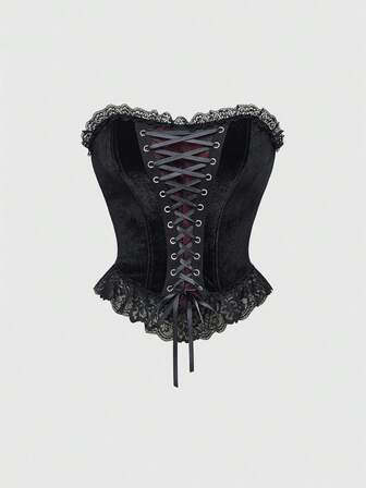 Goth Top bandeau sin tirantes de encaje y terciopelo con patchwork, para Halloween