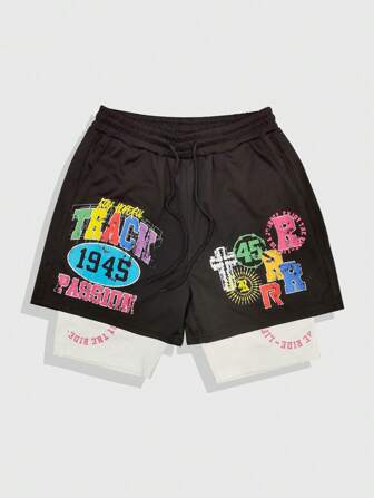 Prep Pantalones cortos informales de doble capa con cintura con cordón y estampado de letra para hombre