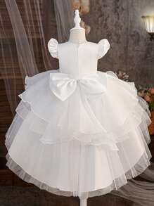 SHEIN Girl's (Small) 3D Applique Mesh Flounce Design Backside Bowknot Draped Elegant And Luxurious Banquet Dress, Suitable For Birthday Party, Runway, Wedding Ceremony - White - View 4