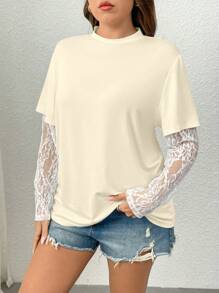 Calvaya Plus Size Women's Lace Patchwork Straight Short Sleeve T-Shirt, Spring/Summer