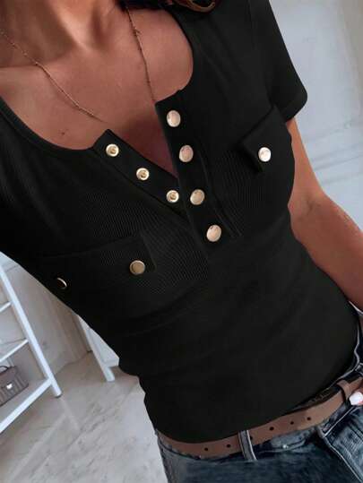 INAWLY Slim Fit Casual V-Neck Metal Button Half Zip Short Sleeve T-Shirt