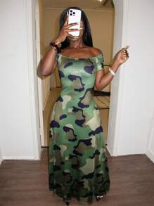 Women's Camouflage Off-Shoulder Dress - Army Green - View 3