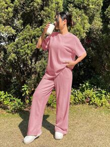 SHEIN EZwear Trang phục hai mảnh dành cho phụ nữ mặc hàng ngày - Hồng - Xem 4