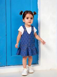 Baby Girl Heart Print Ruffle Hem Strap Denim Dress,Aqua Blue,Summer,Cute,Vacation,Fashionable Casual Street Style Heart Embroidery Blue Denim Dress - Blue - View 1
