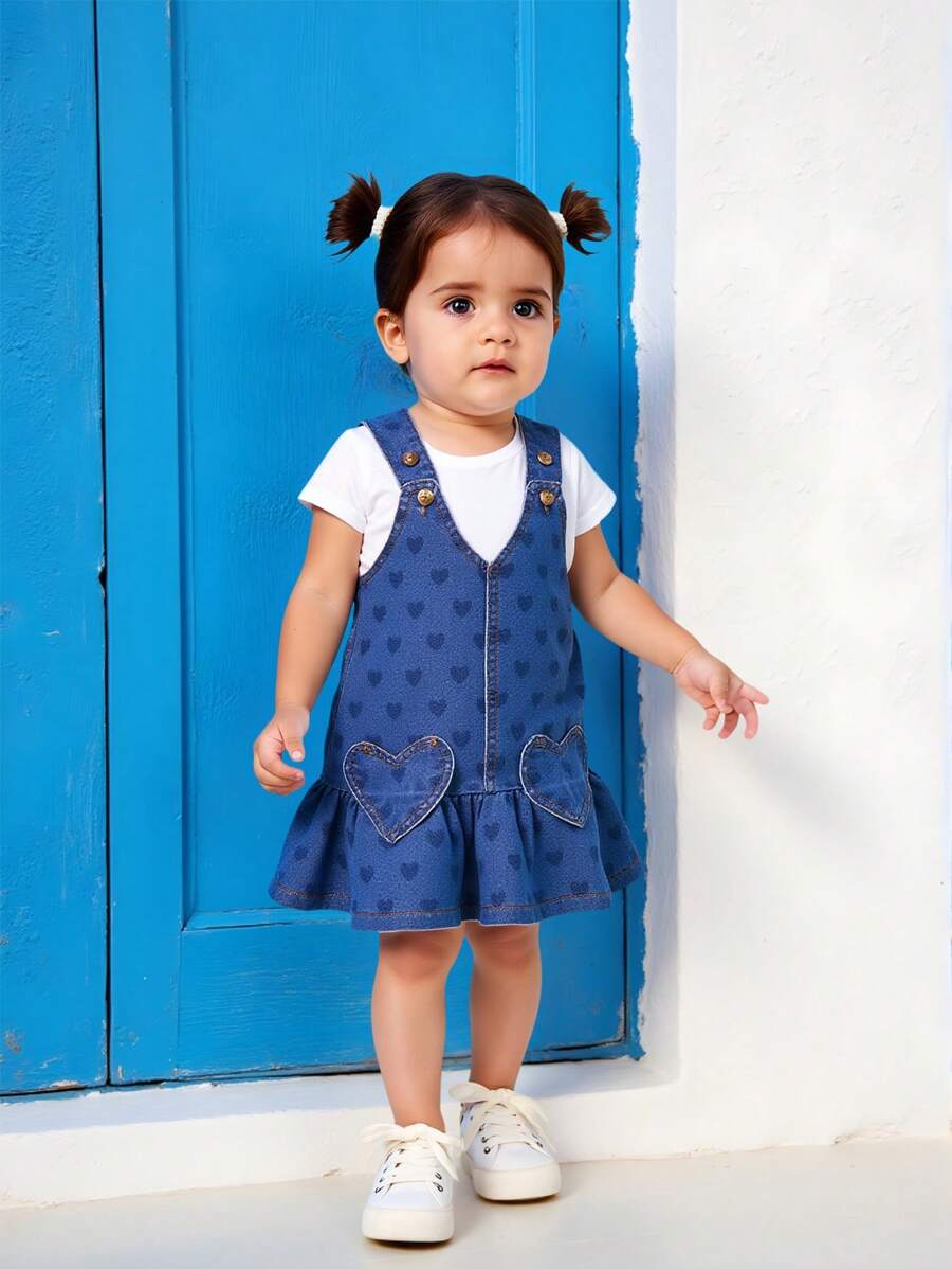 Baby Girl Heart Print Ruffle Hem Strap Denim Dress,Aqua Blue,Summer,Cute,Vacation,Fashionable Casual Street Style Heart Embroidery Blue Denim Dress - Blue - View 1