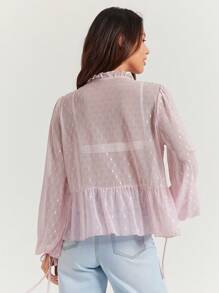 WESTFADE Sheer Dot Mesh Tie Neck Ruffle Peplum Long Sleeve Top - Pink - View 2