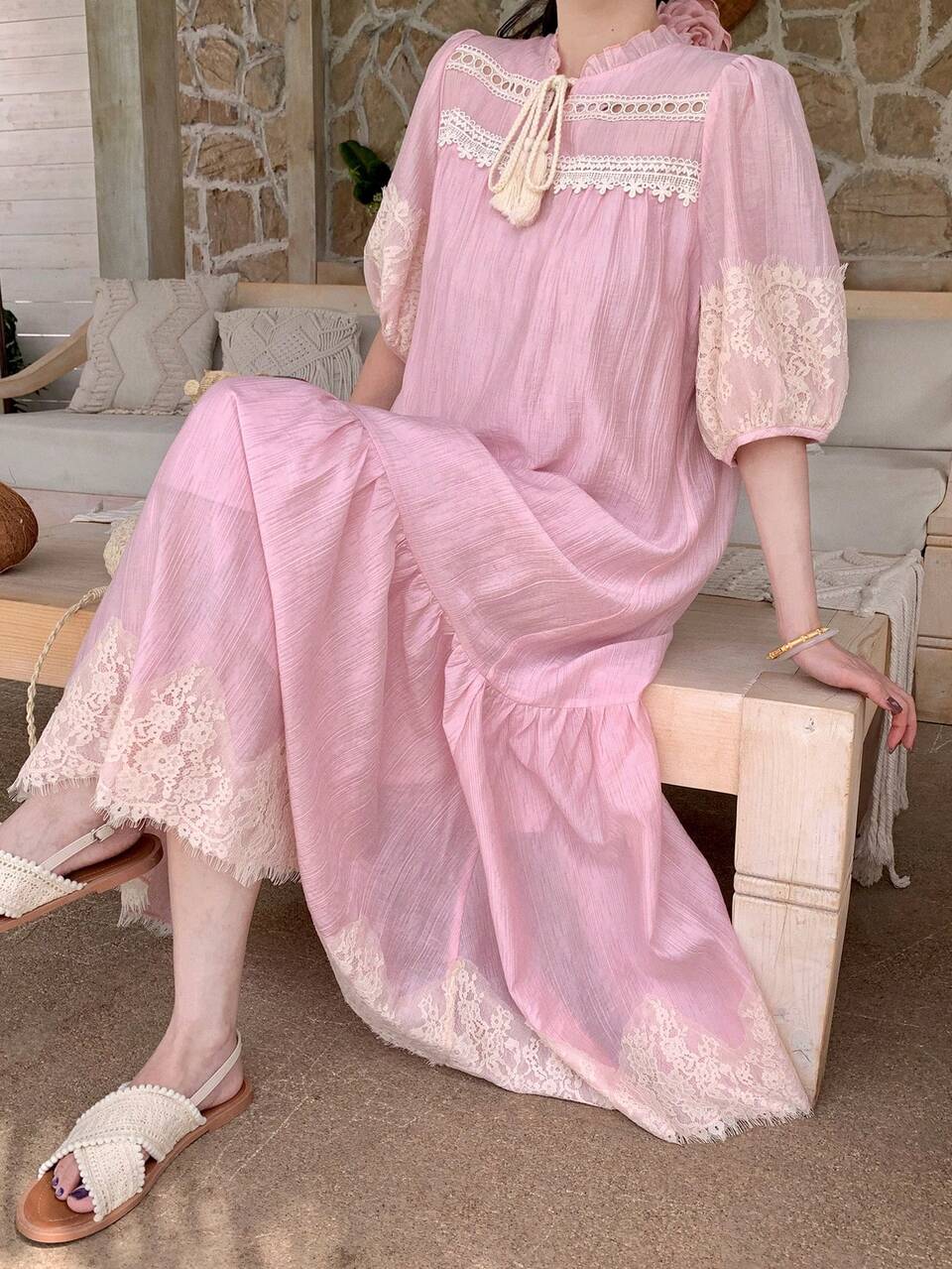 Women's Round Neck Lace Casual Long Sleeve Mid-Length Lace Dress,Back To School Clothes