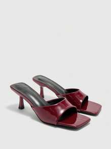 CUCCOO BIZCHIC Chic Burgundy Glossy Patent Leather Simple Square Toe Thin High Heel Mule Sandals, Suitable For Commuting, Dating, Gathering, Party, Holiday, Wedding Summer Shoes - Burgundy - View 6
