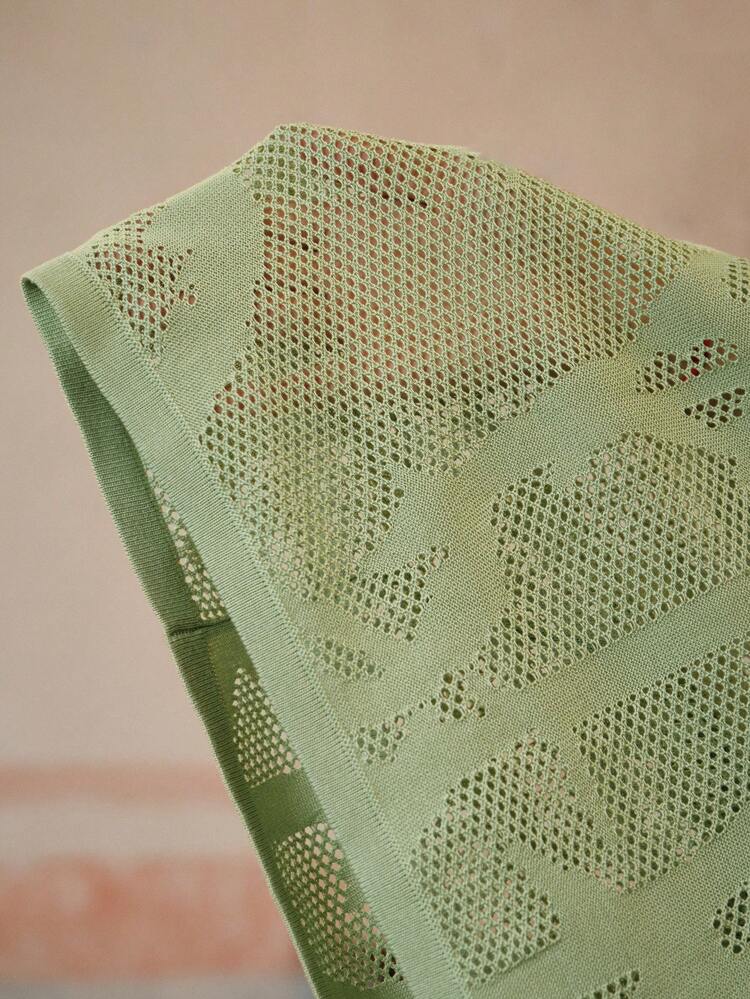 Tricot ajouré vert semi-transparent col rond pour femmes, idéal pour les vacances à la plage