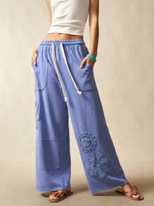 Bohemela 乡村风休闲度假纯色针织中腰水洗宽松女长裤 - 藍色 - 查看 3