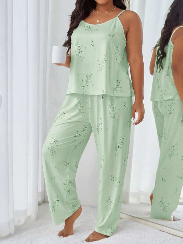 Set de pijamale cu top și pantaloni cu imprimeu floral, mărime plus, pentru vacanță