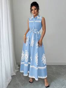 Chiquease Sleeveless Collar Cinched Waist A-Line Digital Print Mini Dress - Blue - View 3