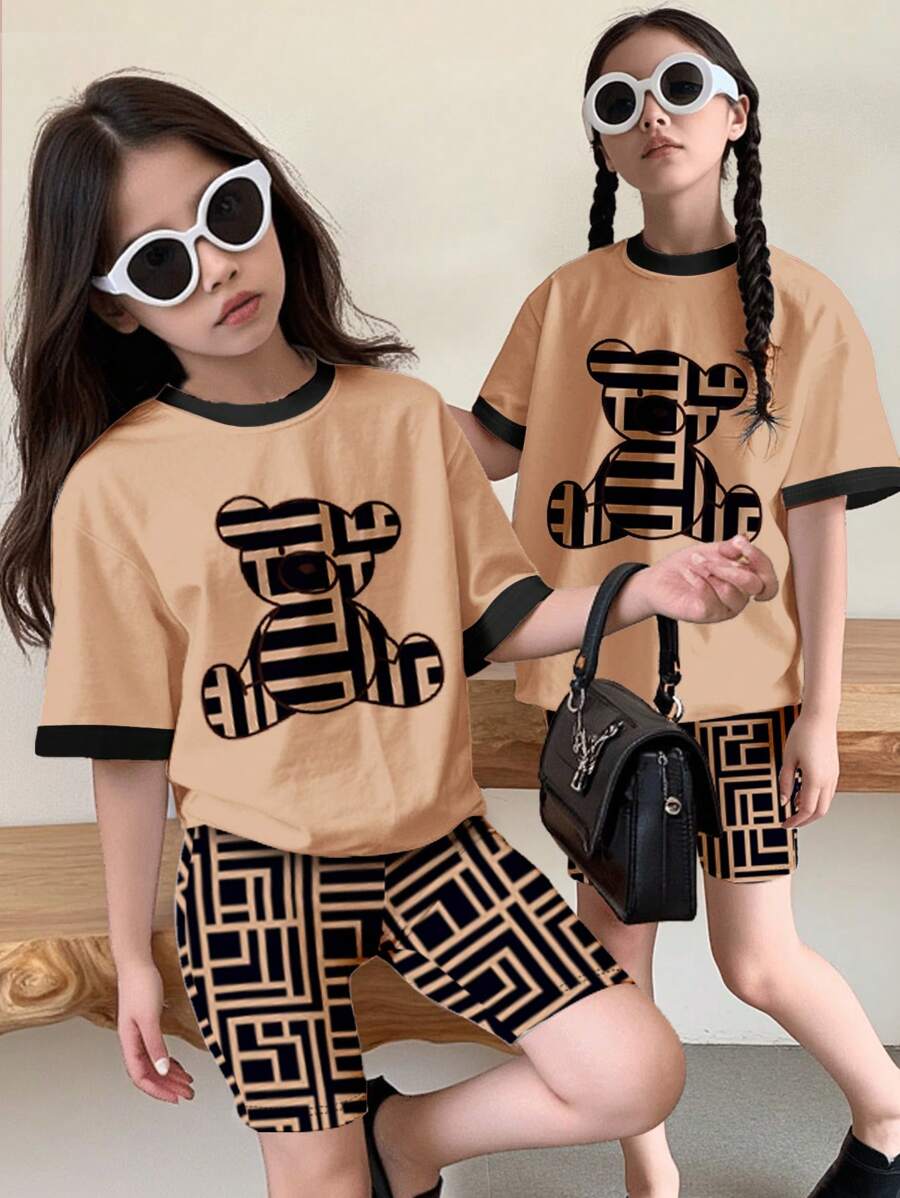 SHEIN Leap Crew 2 件青少年女孩休闲简约短袖 T 恤和短裤套装，适合夏季 - 彩色 - 查看 1