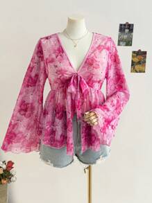 Soleia Áo cánh tay loe in họa tiết hoa cỡ lớn cho nữ, thắt eo phía trước - Nhiều màu - Xem 3