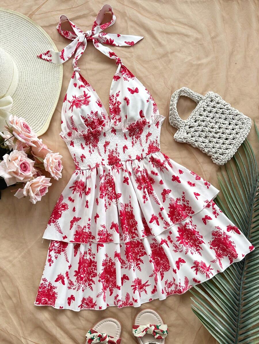 Soleia 度假夏季露背分层束腰休闲连衣裙 - 紅白色 - 查看 1