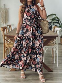 SHEIN VCAY 大码女式黑色花卉印花露背系带 A 字长裙，浪漫休闲海滩度假裙泳池派对装椰子女孩夏季波西米亚风女装早午餐装女士机场装海滩度假装城市休闲装假日装女士西式服装女士加大欧式夏季海岛度假装蜜月装女士老钱露背连衣裙 - 黑色 - 查看 6