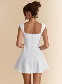 SHEIN BAE 女士白色方领露背泡泡袖连衣裙，优雅夏装，约会晚礼服，伴娘迷你连衣裙，优雅小黑裙，春夏 - 白色 - 查看 2