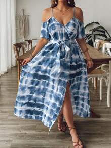 SHEIN VCAY Plus Size Women Batik Dyeing Blue And White Strap V-Neck Off Shoulder Short Sleeve A-Line Dress, Suitable For Beach, Island, Boho, Hippie, Music Festival, Vacation Coconut Girl Summer Outfits For Women Country Concert Outfit Beach Outfits For Woman Graduation Outfit Beach Vacation Outfits  Brunch Outfits For Women Western Clothes For Women Cowgirl Outfit  Airport Outfit For Women  City Break Outfits Holiday Outfits Old Money European Summer Outfit  Off The Shoulder Dress Light Blue Dress Navy Blue Dress Navy Blue Dress Women Boho Dress Women - Blue and White - View 4