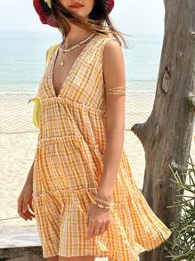 Jouncy Women V-Neck Sleeveless Plaid Dress, Suitable For Summer Casual Vacation - Multicolor - View 3