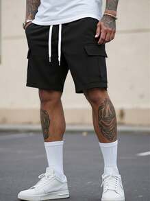 Manfinity Homme Men Solid Color Work Shorts With Pockets, Suitable For Summer, Graphic Going Out Plain Street Wear Baggy Cargo Shorts, For Husband, Boyfriend Gifts - Black - View 1