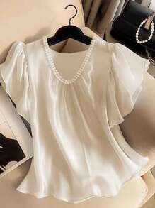 Breezaya Blusa da donna con maniche a palloncino, decorazioni a catena di perle e vestibilità ampia