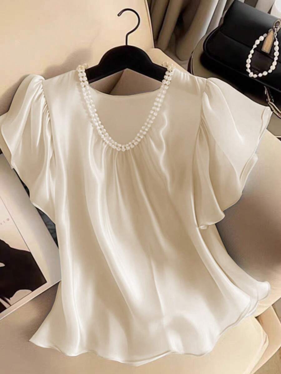 Breezaya Blusa da donna con maniche a palloncino, decorazioni a catena di perle e vestibilità ampia