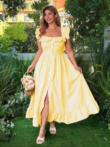 Flirla Plus Size Women Striped Print Ruffle Hem Maxi Dress - Yellow - View 6