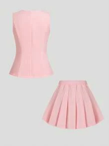 Sweetra Plus Size Fashionable And Sweet Style Sleeveless Top And Pleated Skirt 2 Pieces Set - Pink - View 2