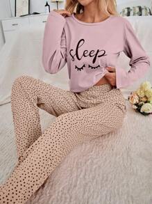 SHEIN Cottnline 100%纯棉两件套眼睛和心形印花睡衣套装 - 淺粉色 - 查看 5