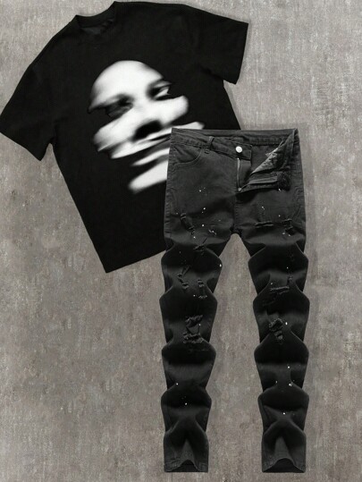 SHEIN Tween Boy Fashion Casual Cut Out Ripped Frayed Comfortable White Paint Black Denim Stretch Skinny Jeans For Boy Costume Dailywear And Kids Summer And Spring Clothes