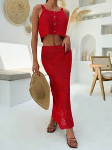 EURMUSE Woman Sweater Cover Up Two Pieces Beachwear Maxi Length Woman S Summer Clothes - Red - View 5