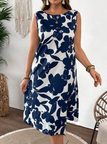 SHEIN VCAY 大码蓝白印花休闲连衣裙
