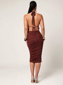 Silquee 女式优雅金属装饰不对称下摆露背吊带背心，夏季 - 棕色 - 查看 7