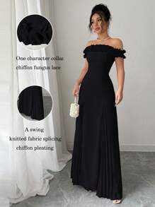 Selianne Đầm nữ thanh lịch, lãng mạn, trễ vai, xếp ly eo, vạt chữ A, chất liệu chiffon, phối ren. - màu đen - Xem 1