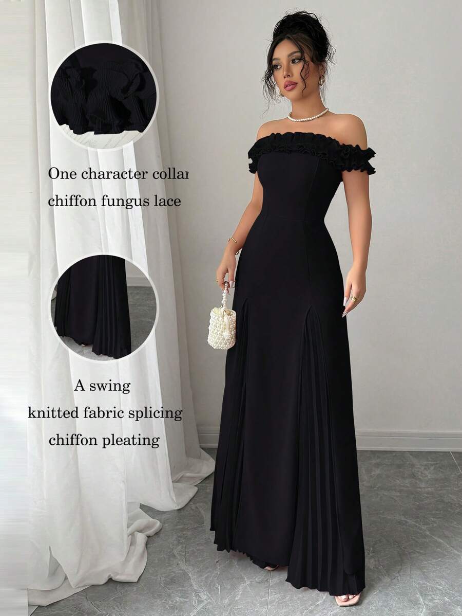 Selianne Đầm nữ thanh lịch, lãng mạn, trễ vai, xếp ly eo, vạt chữ A, chất liệu chiffon, phối ren. - màu đen - Xem 1