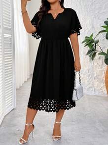 Rometta Plus Size Women's Solid Color V-Neck Short Sleeve Summer Dress - Black - View 6