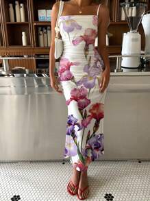 SHEIN EZwear 女士休闲简约度假紫色花卉印花罩衫中长连衣裙，适合度假、音乐节 - 彩色 - 查看 4