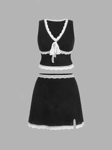 SHEIN MOD Boho Festival Holiday Casual Beach Versatile, Textured Knit Elastic Waist 2 Pieces Set With White Embroidered Lace Hem Maxi Skirt, Plus Size - Black and White - View 9