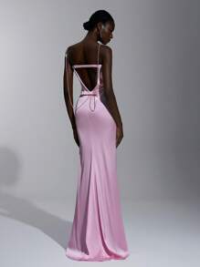 SHEIN Belle Blush Pink Spring Elegant Formal Party Wedding Bridesmaid Dress,Strapless Rhinestone Chain Decor Open Back Bodycon Fishtail Silhouette - Baby Pink - View 2