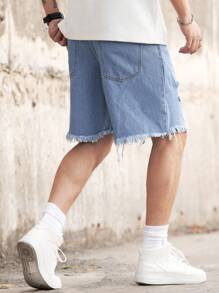Manfinity Homme Quần short denim thô, sờn rách, chất liệu cotton rộng rãi cho nam, phong cách Emo - Rửa nhẹ - Xem 2