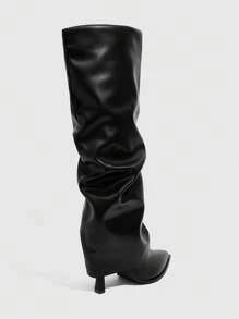CUCCOO SZL 性感时尚褶皱紧身及膝高筒靴，黑色尖头侧拉链女式高筒靴 - 黑色 - 查看 10