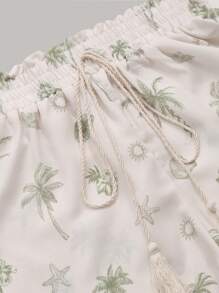Sweetra Women Palm Tree Print Bohemian Tassel Drawstring Shorts - White - View 4