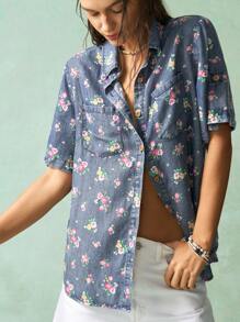 Bohemela 修身女式夏季波西米亚风牛仔印花翻领短袖衬衫，适合音乐节、复活节休闲装 - 藍色 - 查看 2