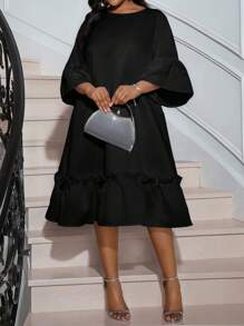 SHEIN Lady 春夏休闲优雅波西米亚风优雅休闲工作白色圆领花瓣袖长袖女装度假装女士沙滩装女士海滩度假沙滩裙婚礼宾客礼服女士商务休闲女士舞会礼服，女士太阳裙 - 黑色 - 查看 5