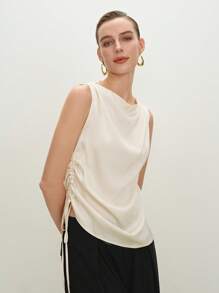 BizChic 2025年夏季新款象牙白色褶皱肩部无袖圆领女上衣，商务休闲，日常通勤，优雅海滩度假，适合婚礼嘉宾，乡村音乐节，早午餐，机场造型，90年代复古，斯德哥尔摩风格，独立日 - 杏色 - 查看 4