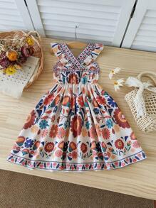 婴儿女孩 0-3 岁度假休闲短款盖袖波西米亚风格长裙，适合户外穿着，春夏季