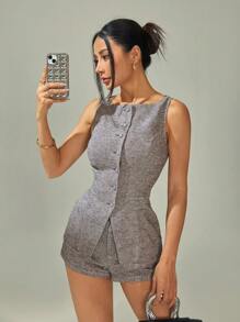 SHEIN PETITE Trang phục hai mảnh dành cho phụ nữ mặc hàng ngày - Xám - Xem 4