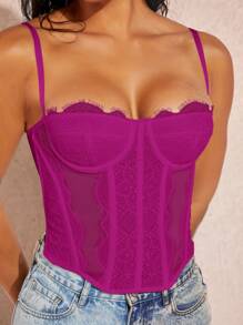 Silquee Ladies' Slim Fit Lace Contrast Mesh Camisole Top,Fall/Autumn - Violet Purple - View 4
